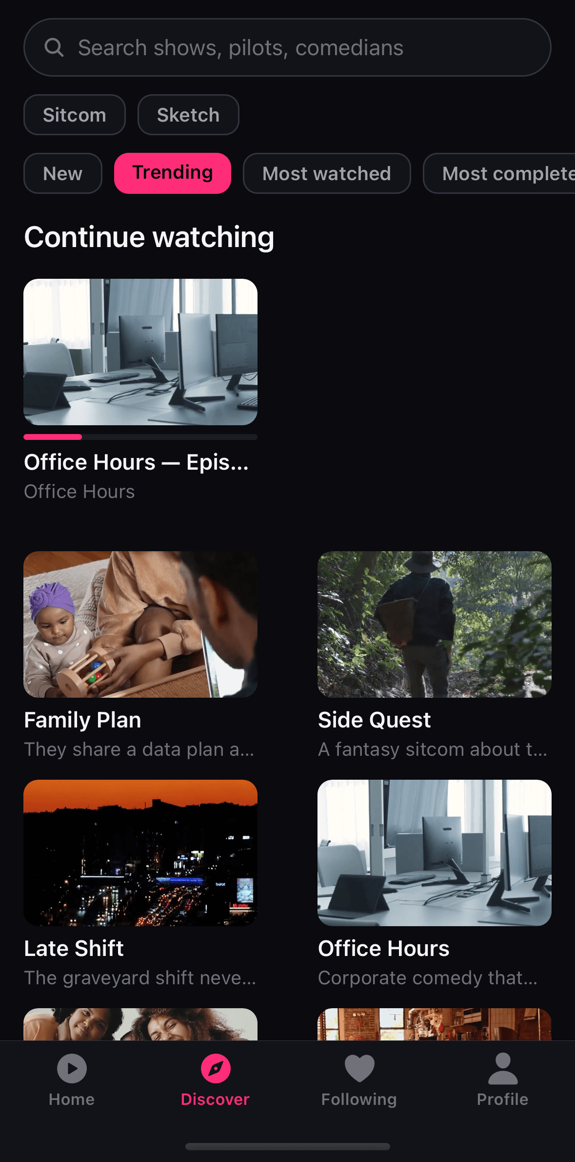 PunchyLine Discover tab with search, category filters and pilot cards