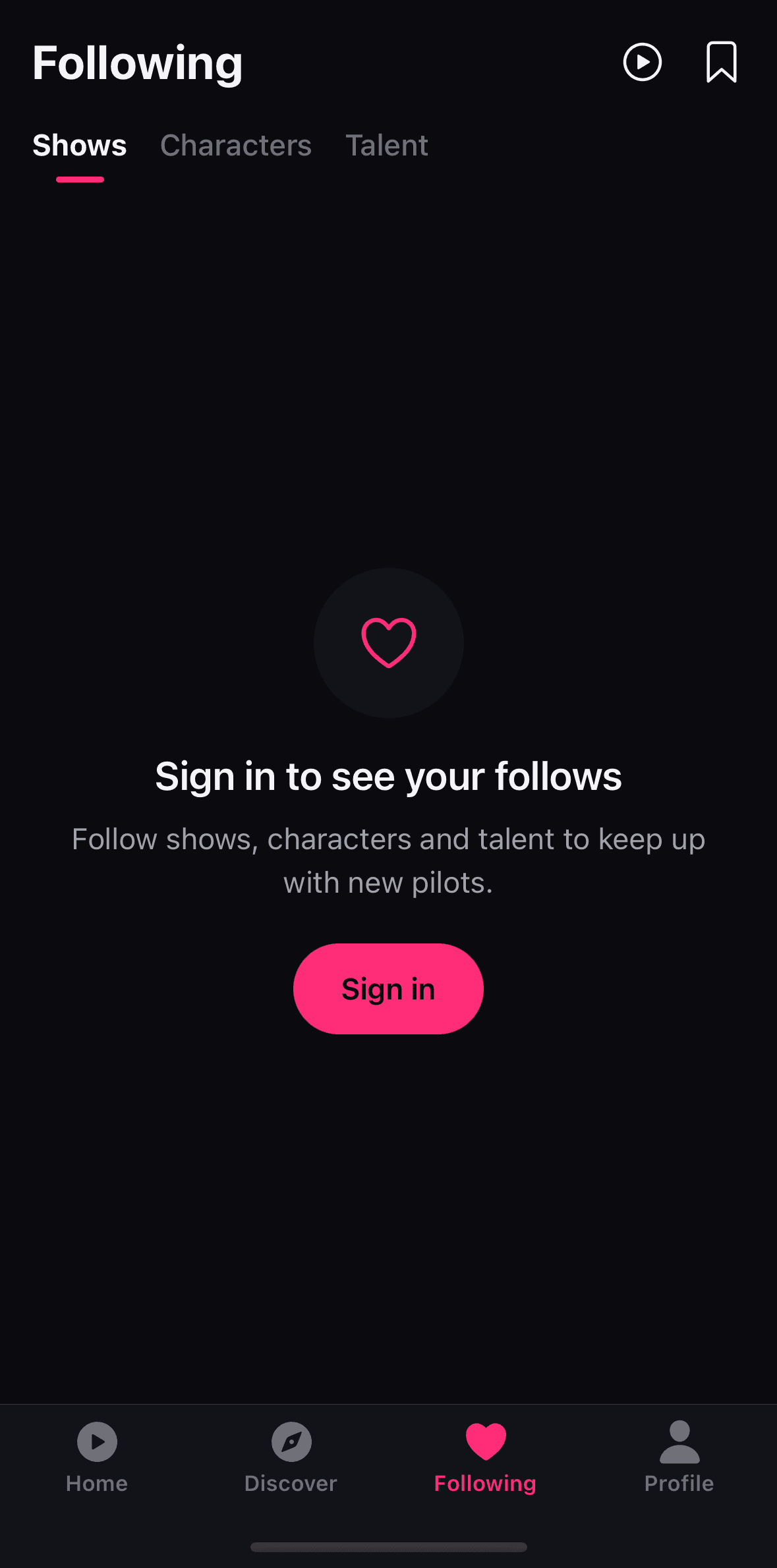 PunchyLine Following tab prompting the viewer to sign in and follow shows