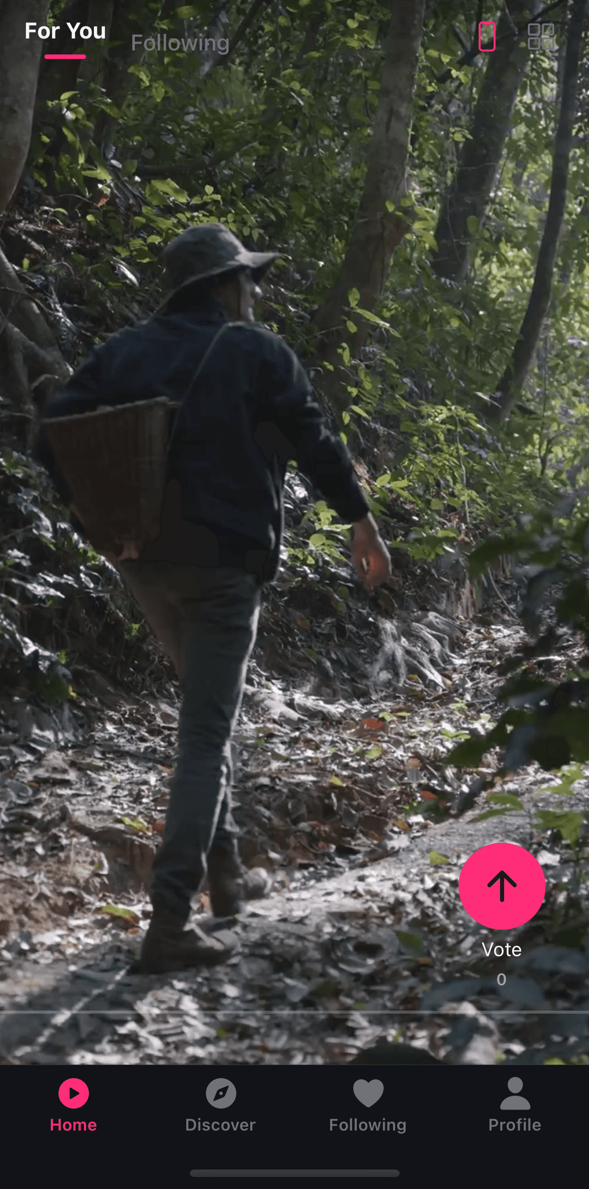 PunchyLine Home feed showing a vertical comedy pilot with a vote button