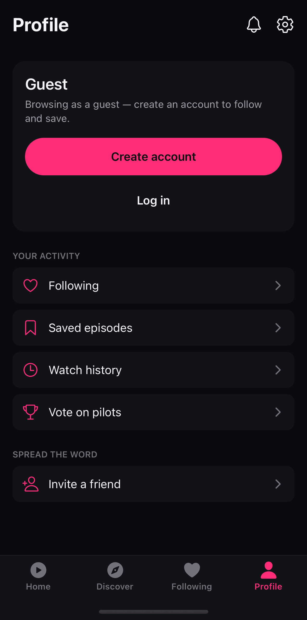 PunchyLine Profile tab with account actions and saved activity